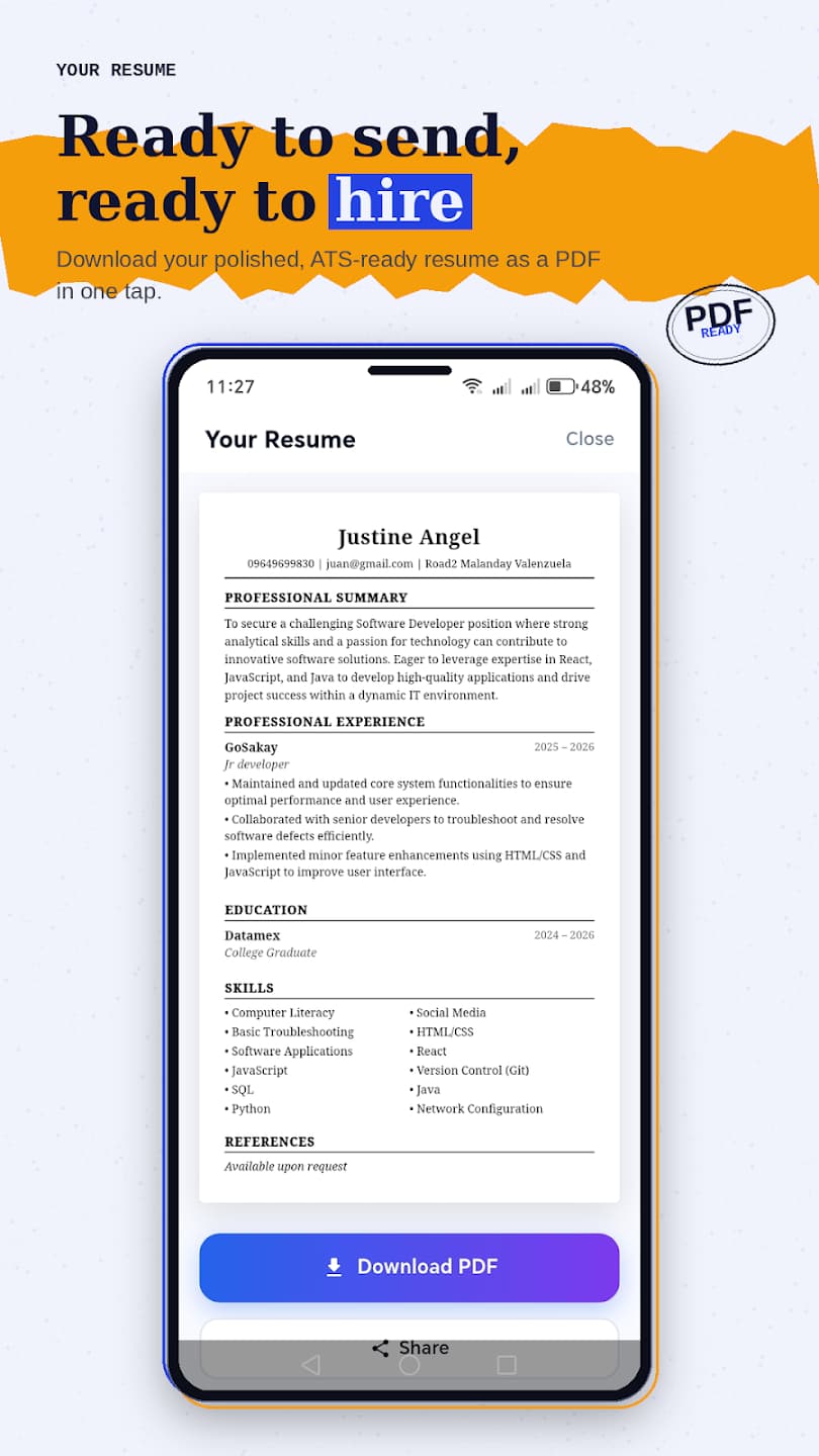 Preview the finished resume and export a PDF. Contact details shown are part of the supplied example artwork.